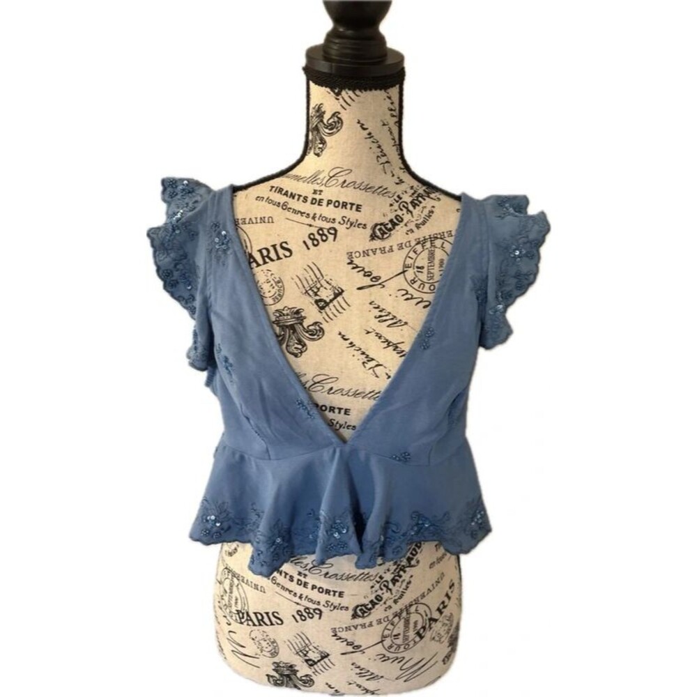 Free People Blue Cornflower Sequins Flutter Sleeve Crop Medium Top